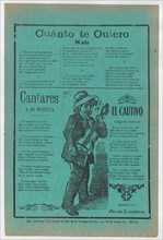 Broadsheet with three love songs; a man singing and playing the guitar, ca.1900-1920 (published).
