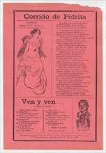 Broadsheet with two different love songs, woman wearing an evening gown sitting on the edge of her seat and another woman holding a cup, ca. 1918 (published).
