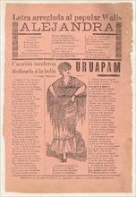 Broadsheet with two narrative love ballads about desirable women, woman wearing a shawl and a skirt with her hands placed on her hips, 1915 (published).