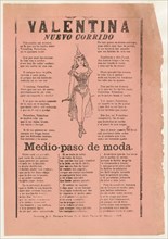 Broadsheet with two narrative love ballads, woman wearing a costume consisting of a leotard,cape, and boots, 1915 (published).