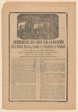 Broadside relating to a news story about floods in multiple cities, villagers wading through water, ca. 1900-1913.
