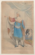 Buonaparte First Consul of France, 1800-04. full-length, in the costume of the Directoire, holding his hat, with a large ostrich-feather, in his left hand while his right arm is extended as he points ...