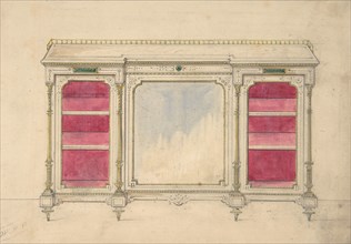 Cabinet Design with a Mirrored Front and Red Shelves, 19th century.