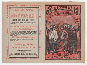 Cover for 'Canciones Modernas para 1898: Los Parranderos', group of men holding a banner and singing, ca. 1898.
