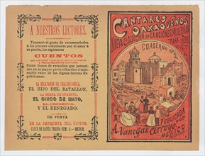 Cover for 'Cantares Oaxaqueños: Nueva Coleccion de Canciones Modernas para 1898', couples walking arm in arm on the outskirts of a town, ca. 1898.