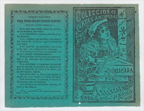 Cover for 'Coleccion de Cartas Amorosas Cuaderno No. 3', a young woman holding a letter and resting her head on her hand as she looks out a window, ca. 1900.