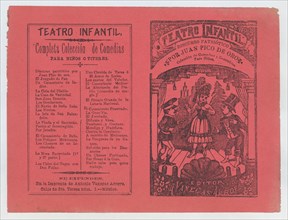 Cover for 'Coleccion de Comedias y Zarzuelitas para Niños', woman on stage flanked by two men, ca. 1880-1910.