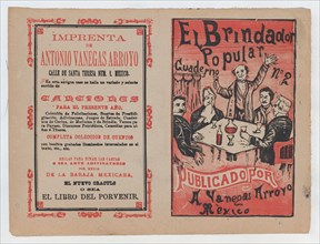 Cover for 'El Brindador Popular', a man raising a toast to a group of people seated around a table, ca. 1880-1910.