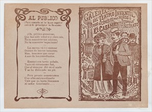 Cover for 'El Casamiento Fustrado', a man and woman walking arm in arm, a train in the background, ca. 1890-1910.