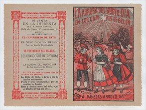 Cover for 'La Aurora del Nuevo Dia en los Campos de Belen', villagers holding shepherd's hooks and walking in the countryside, ca. 1890-1910.