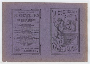 Cover for 'La Cubicubianita Cuento', a figure wearing a feathered hat leaning on a windowsill and talking to a woman, ca. 1890-1910.