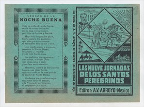 Cover for 'Las Nueves Jornadas de los Santos Peregrinos', Mary on horseback and Joseph being guided through Egypt by an angel, ca. 1880.