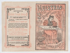 Cover for 'Muestras para Bordado', a woman embroidering, ca. 1890-1910.