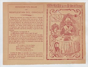 Cover for 'Nuevo Oraculo ó sea El Libro del Porvenír', an old women seated at a table and reading someone's fortune from cards, ca. 1880-1910.
