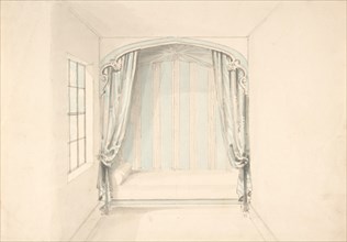Design for a Canopied Bed with Pale Blue and White Hangings, early 19th century.
