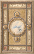 Design for a carved and painted ceiling with clouds and ducks in the central circular panel, 1830-97.