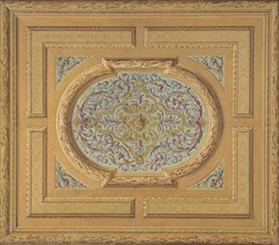 Design for a ceiling decorated with bands of oak leaves and a central panel of scrolls and rinceaux, 1830-97.