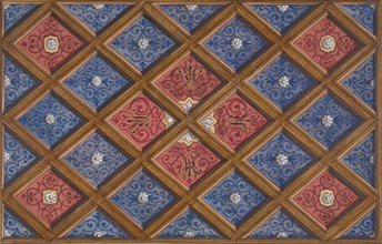 Design for a coffered ceiling with painted initials: SRI (?), 1840-97.