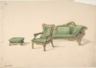Design for a Gilded Settee, Arm Chair and Footstool with Green Upholstery, early 19th century.
