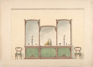 Design for a Mirrored Three Sectioned Marble-topped Cabinet and Two Chairs, early 19th century.