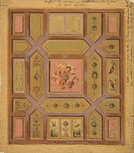 Design for a paneled ceiling painted with putti, birds, and floral motifs on tracing paper; mounted on wove paper, 19th century.