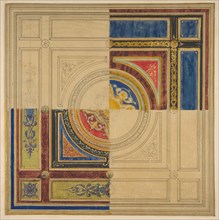 Design for a paneled ceiling with alternative decorations, 19th century.