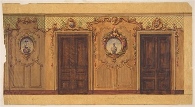 Design for a room with double doors decorated with garlands of fruit and flowers, scrolls, and lattice work, 1830-97.