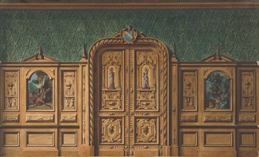 Design for a room with wood panels inset with paintings and a heavily-carved double door, 1830-97.