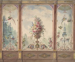 Design for a Wall with a Flower Vase, Birds, Two Gold Fish and Globe Fountains, 19th century.