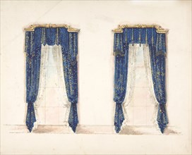 Design for Blue and Gold Curtains with Gold Fringes and a Gold Pediment, early 19th century.