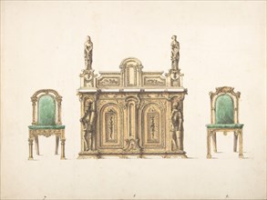 Design for Cabinet Ornamented with Carved Knights and Ladies, and Two Chairs, early 19th century.