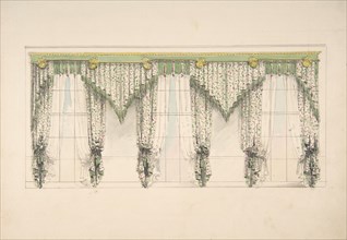 Design for Curtains with Pink, Green and White Floral Fabric and Pink and Green Fringes, ca. 1820.