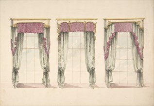 Design for Gray Curtains with Pink Fringes, and White and Gold Pediments, ca. 1820.