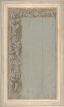 Design for Ornamental Border with Foliage, Putti and a Lion's Head., 1535-1607.