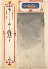 Design for panels framing a mirror decorated with scrolls and clusters of fish and vegetables, 1830-97.