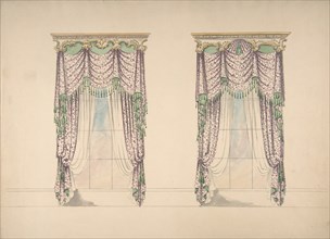 Design for Pink and White Curtains with Green Fringes, and Gold and White Pediments, ca. 1820.