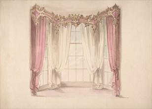 Design for Pink Curtains and White Inner Curtains, with a Gold, White and Pink Pediment, early 19th century.