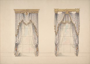 Design for Pink, Green and White Curtains with Gold and Red Fringes, and Gold Pediments, ca. 1820.