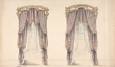 Design for Pink, Mauve and White Floral Curtains with a Gold and White Pediment, early 19th century.