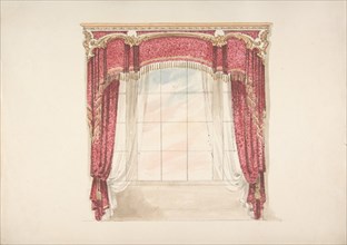 Design for Red Curtains with Gold Fringes and Gold and White Pediment, early 19th century.