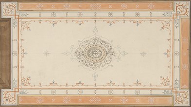 Design for the decoration of a ceiling with filagree borders and a central medallion, 1830-97.
