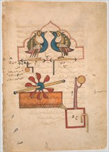 Design for the Water Clock of the Peacocks, from the Kitab fi ma'rifat al-hiyal al-handasiyya (Book of the Knowledge of Ingenious Mechanical Devices) by Badi' al-Zaman b. al Razzaz al-Jazari, dated A....