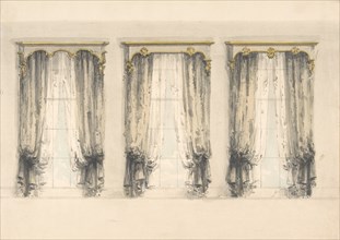 Design for Three Sets of Gray Curtains , with Gray and Gold Pediments, early 19th century.