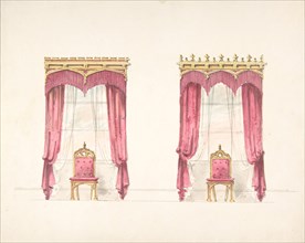 Design for Two Red Fringed Curtains with Gold Pelmets, early 19th century.