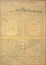 Design for University of Michigan (elevation and plan of building and grounds), ca. 1838.