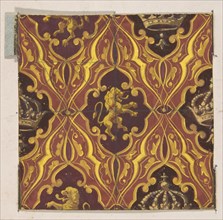 Design for wallpaper featuring rampant lions and crowns, 1830-97.
