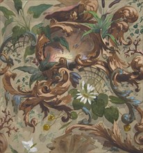 Design for wallpaper featuring shells, waterlilies, and cattails, 1830-97.