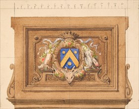 Design of a decorative panel featuring hunting trophies, a shield, and a crown, 19th century.