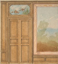 Elevation of a paneled wall with a mural or tapestry and a double doors surmounted by a painting of ducks, 19th century.