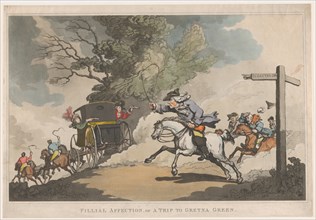 Filial Affection, or a Trip to Gretna Green, December 15, 1785. eloping couple is carried north towards Scotland in a fast post-carriage or chaise, pursued by the woman's angry father and a posse of r...